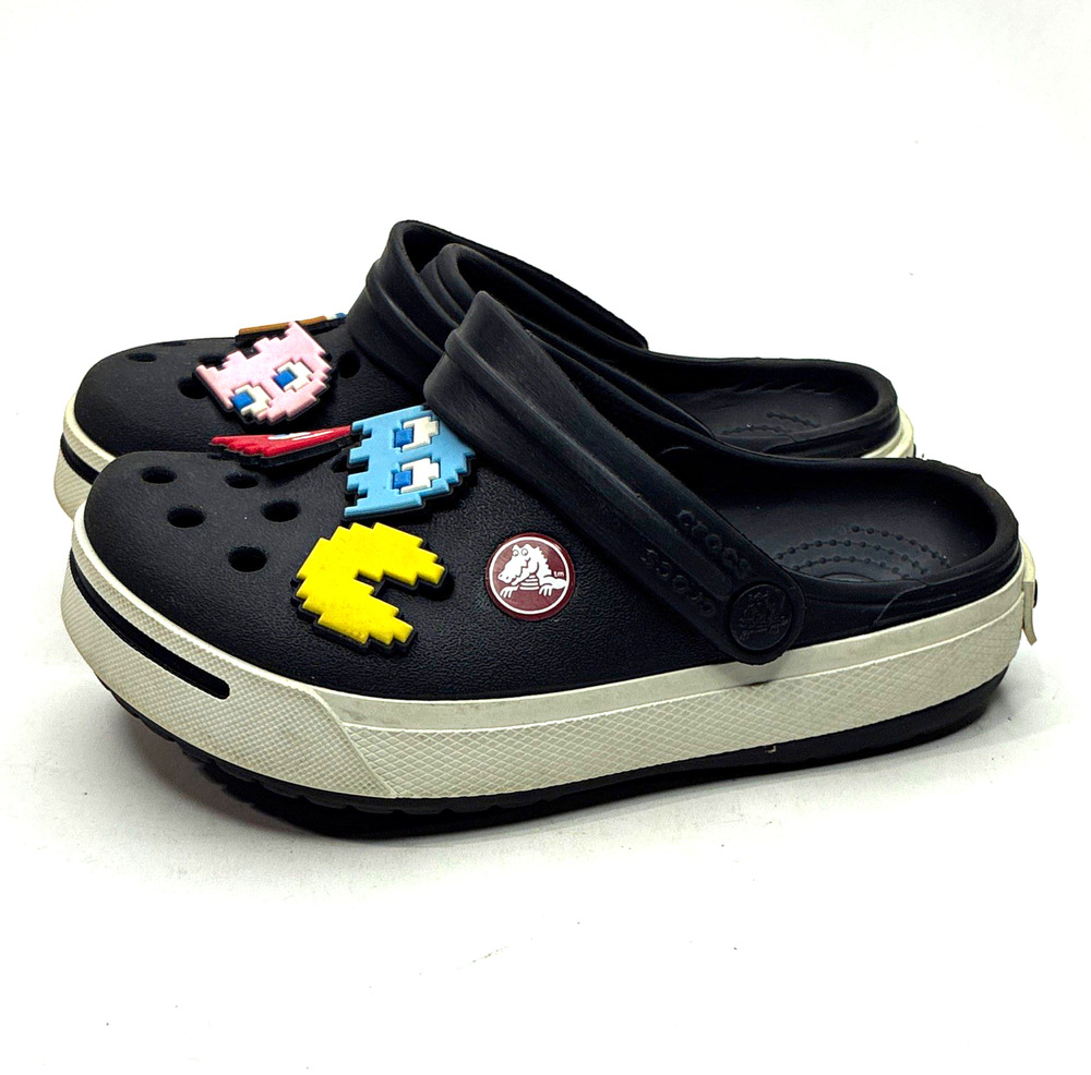 Crocs Kids Black Clog Slip On w/ Pac-Man Jibbitz Charms Unisex US 10